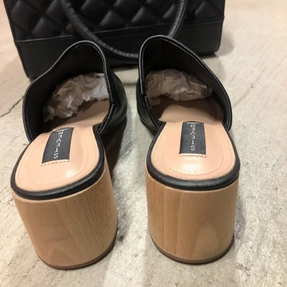 STEVEN by SM Black Leather Mules Heeled Shoes, Size 9.5 - Picture 5 of 7